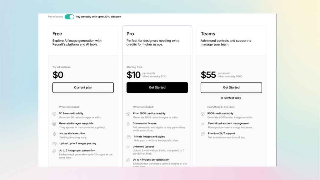 Recraft.ai price plan