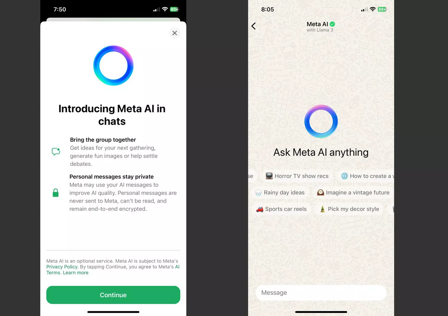Meta AI 在WhatsApp打开界面