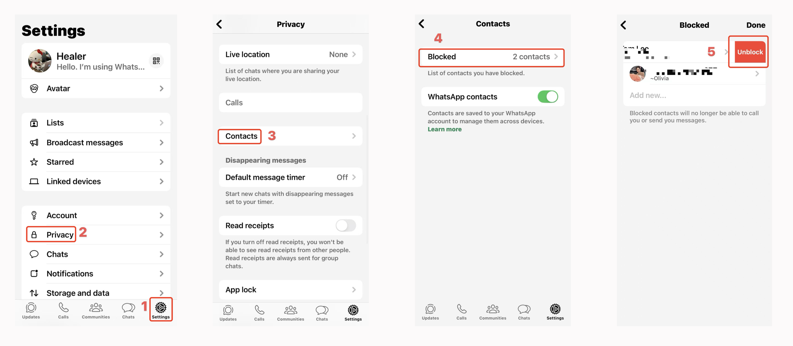 iPhone (iOS) specific actions to unblock someone in WhatsApp