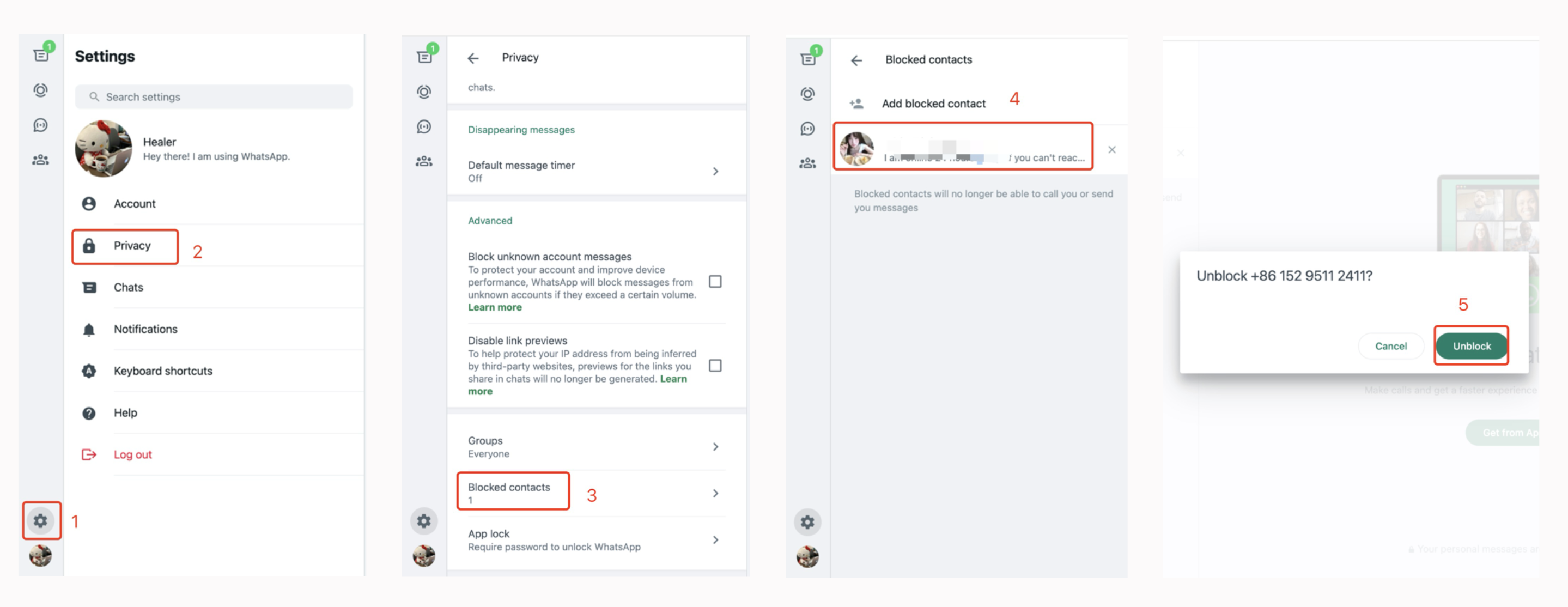 WhatsApp web version/desktop version specific actions to unblock someone in WhatsApp