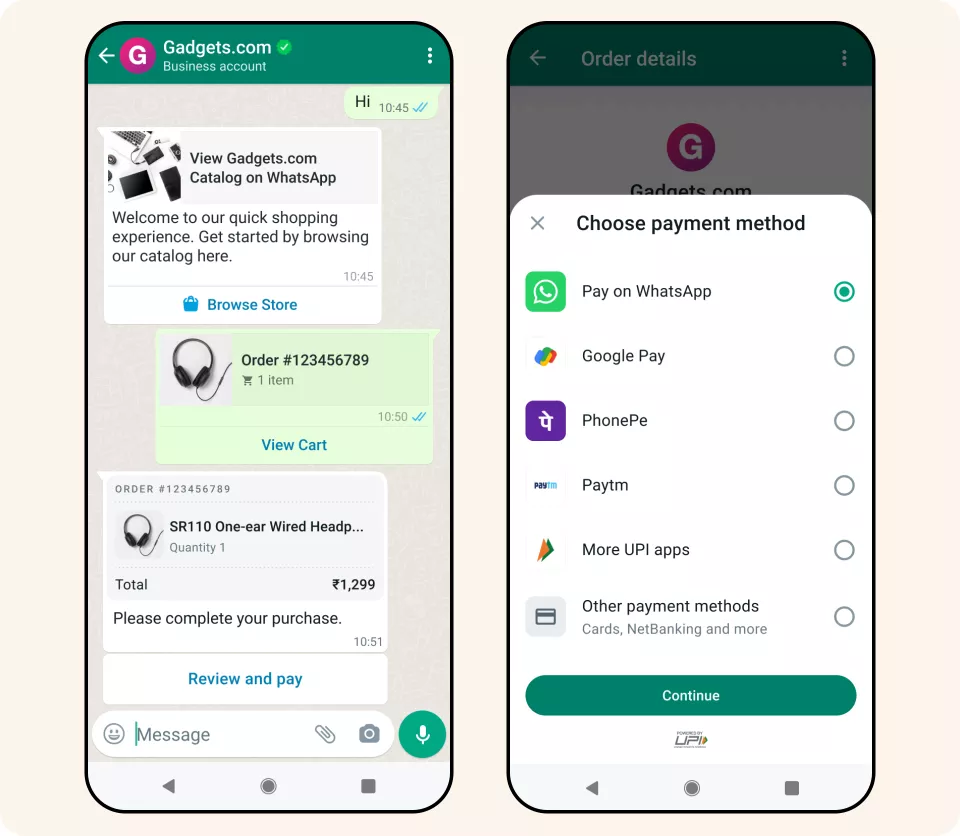 Whatsapp pay payment flow in chat interface