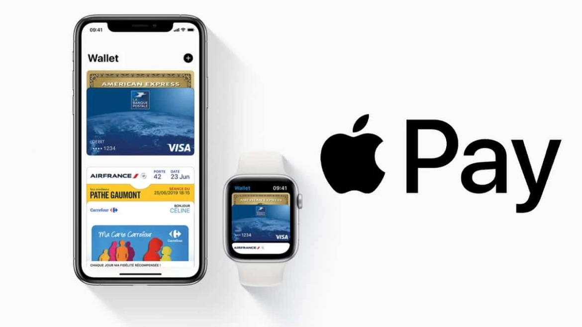 iPhone and iwatch with bank card on Apple pay page.