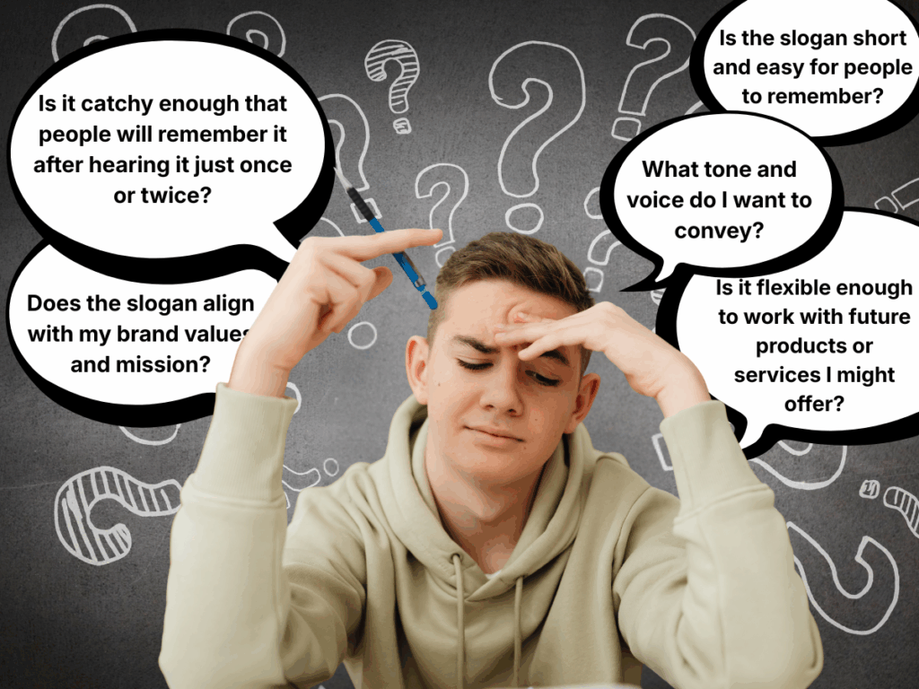 A distressed entrepreneur is thinking painfully about his business slogan