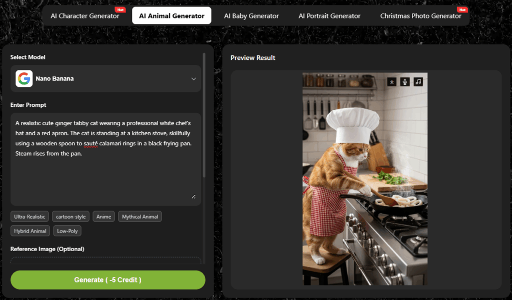 This interface shows AI animal generator creating a cooking cat image.
