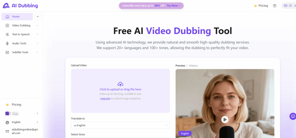 AI Dubbing AI video dubbing interface