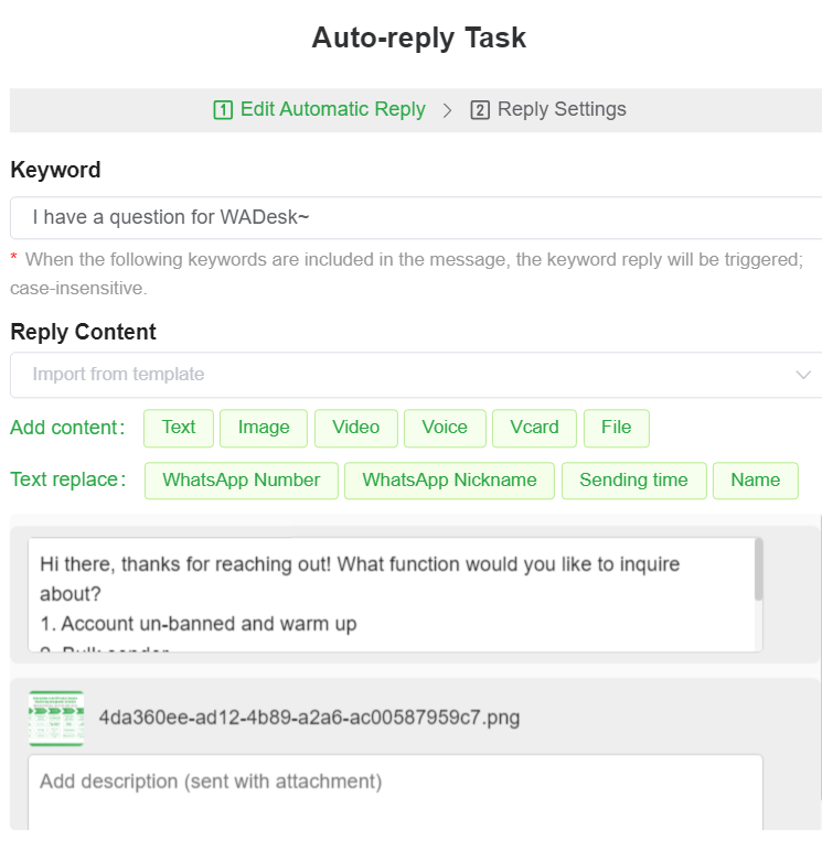 wadesk ai chtbot and set up auto-reply task