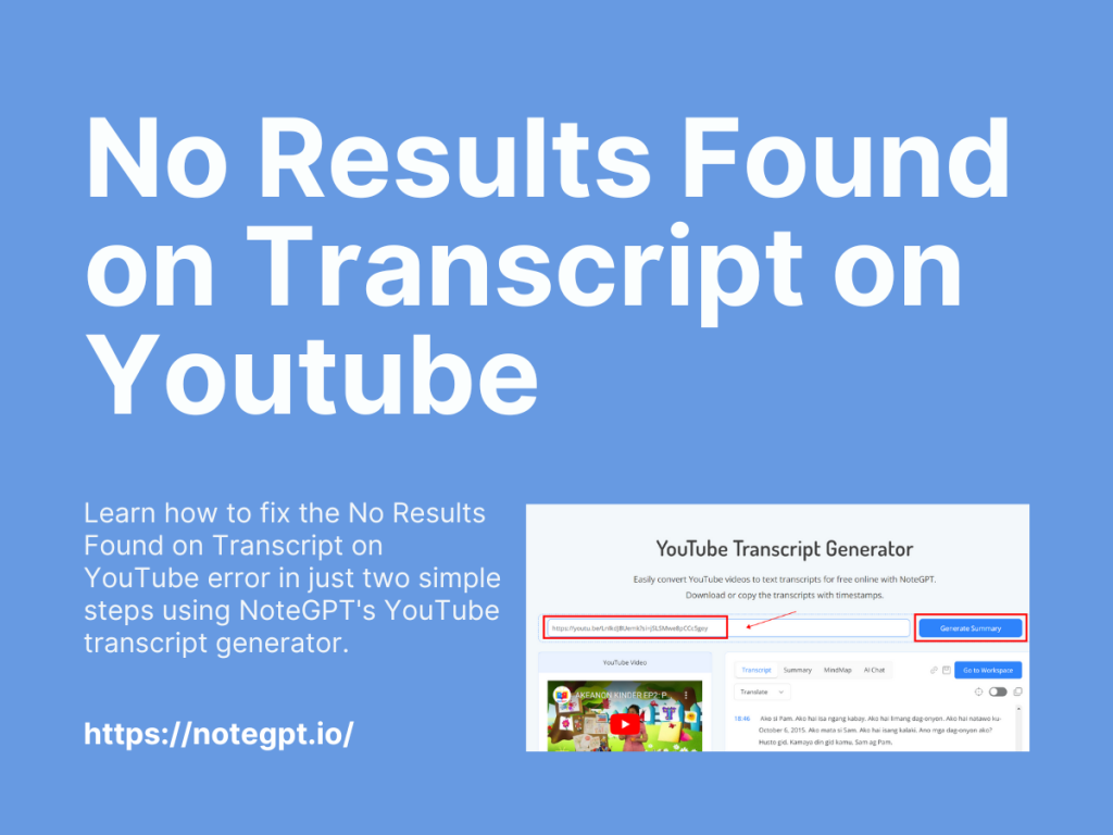 no results found on transcript on youtube