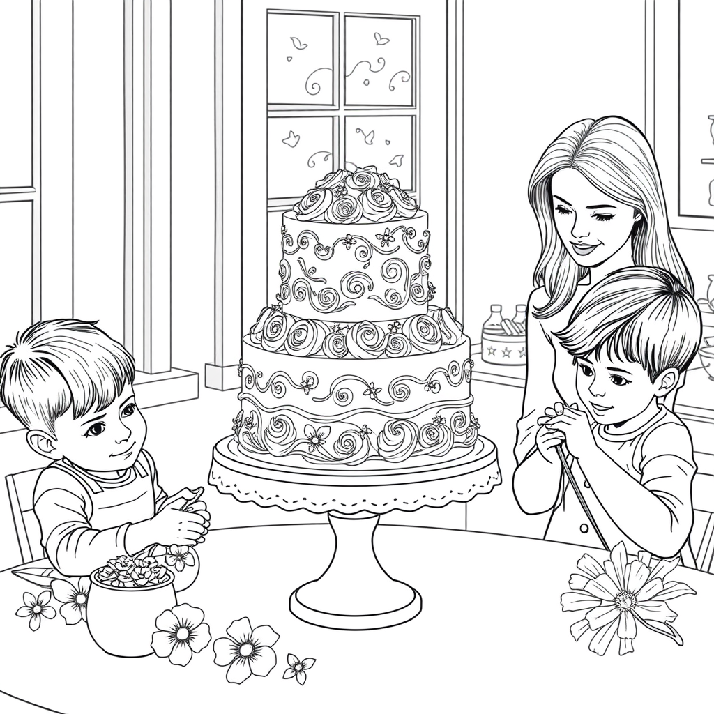 there are three characters: a woman and two children. On the table, there is an elaborately decorated multi-tiered cake with swirling decorative patterns. There are also some flower decorations and a cup of beverage on the table. In the background, a window and some simple indoor decorations can be seen.