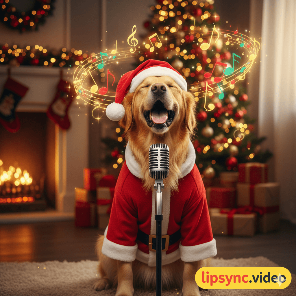 An AI-generated dog wearing a Christmas outfit and singing