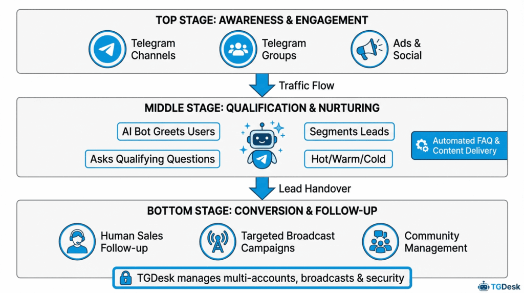 Telegram AI bot marketing funnel with TGDesk managing bot accounts human follow-up and broadcast campaigns