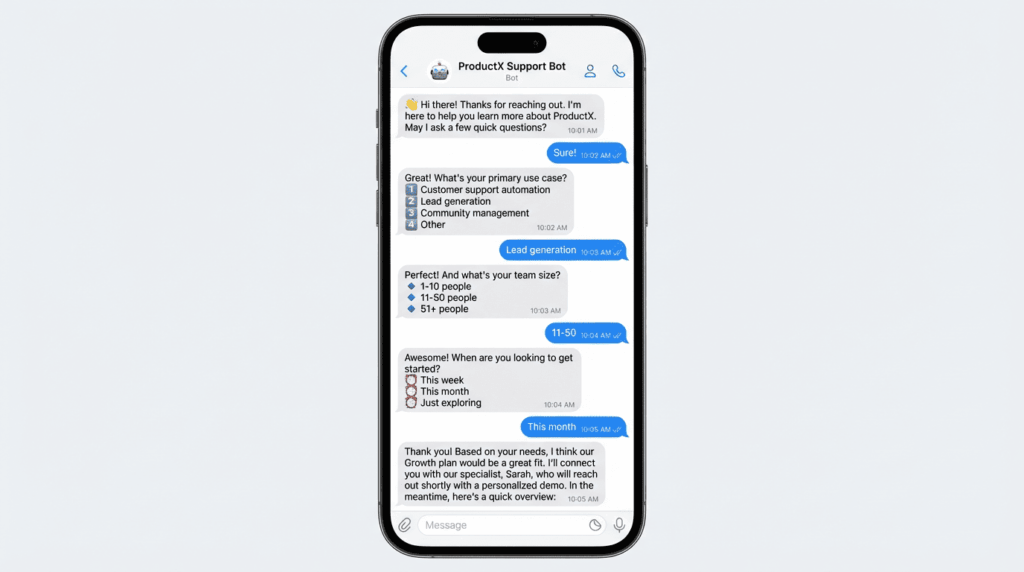 Telegram AI bot lead qualification conversation example showing automated questions and handoff to human sales rep