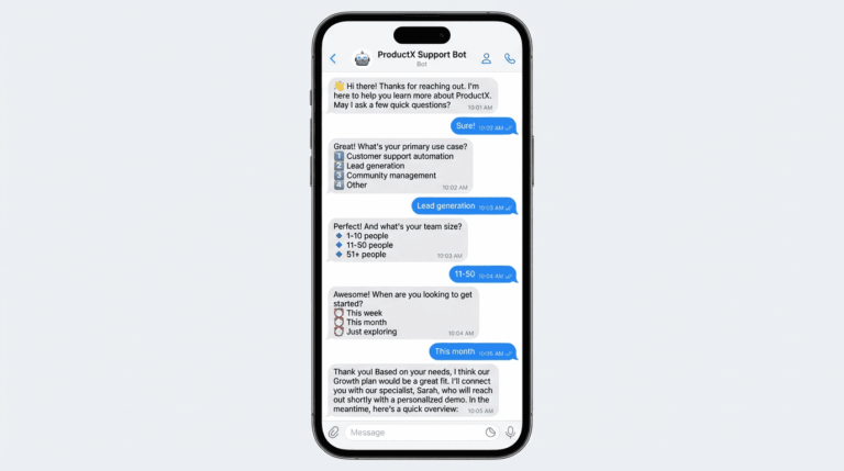 Telegram AI bot lead qualification conversation example showing automated questions and handoff to human sales rep