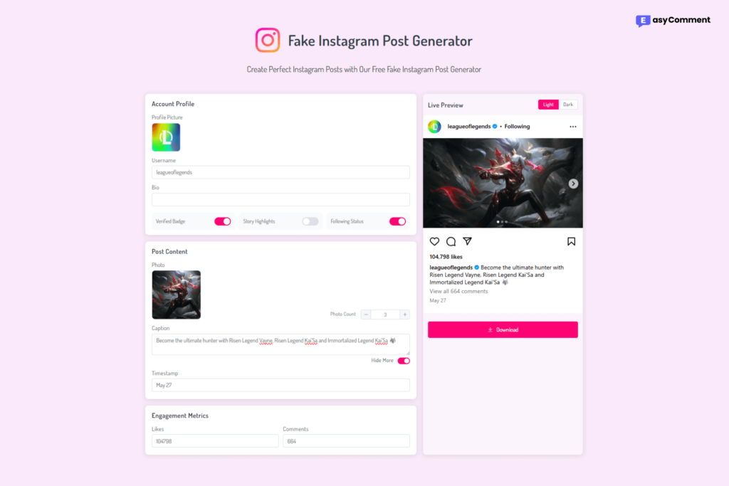 The Fake Instagram Post Generator tool by EasyComment