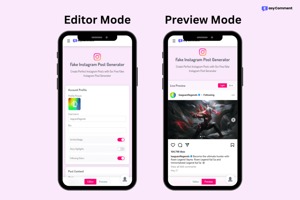 Screenshot showing EasyComment’s two modes on mobile devices
