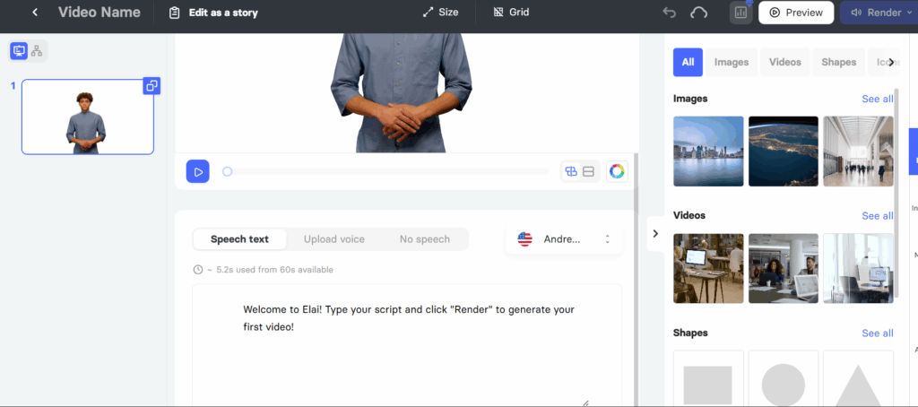 Elai avatar video creation interface