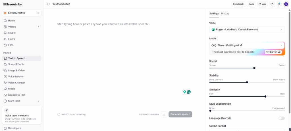 ElevenLabs Spanish text to speech generator with voice settings