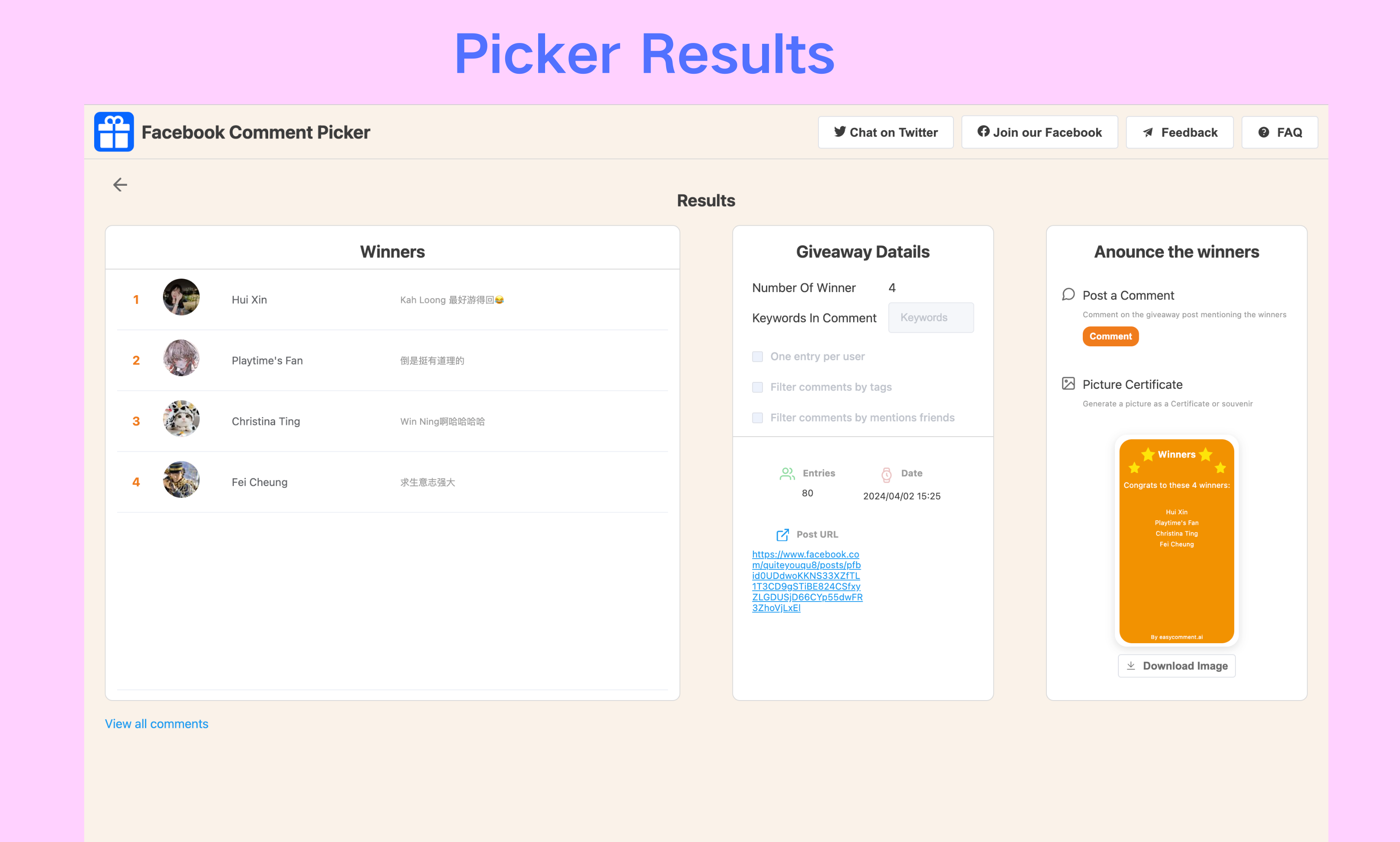 Step 4: Set up your draw configuration And Click "Picker Winner"  button to start the draw