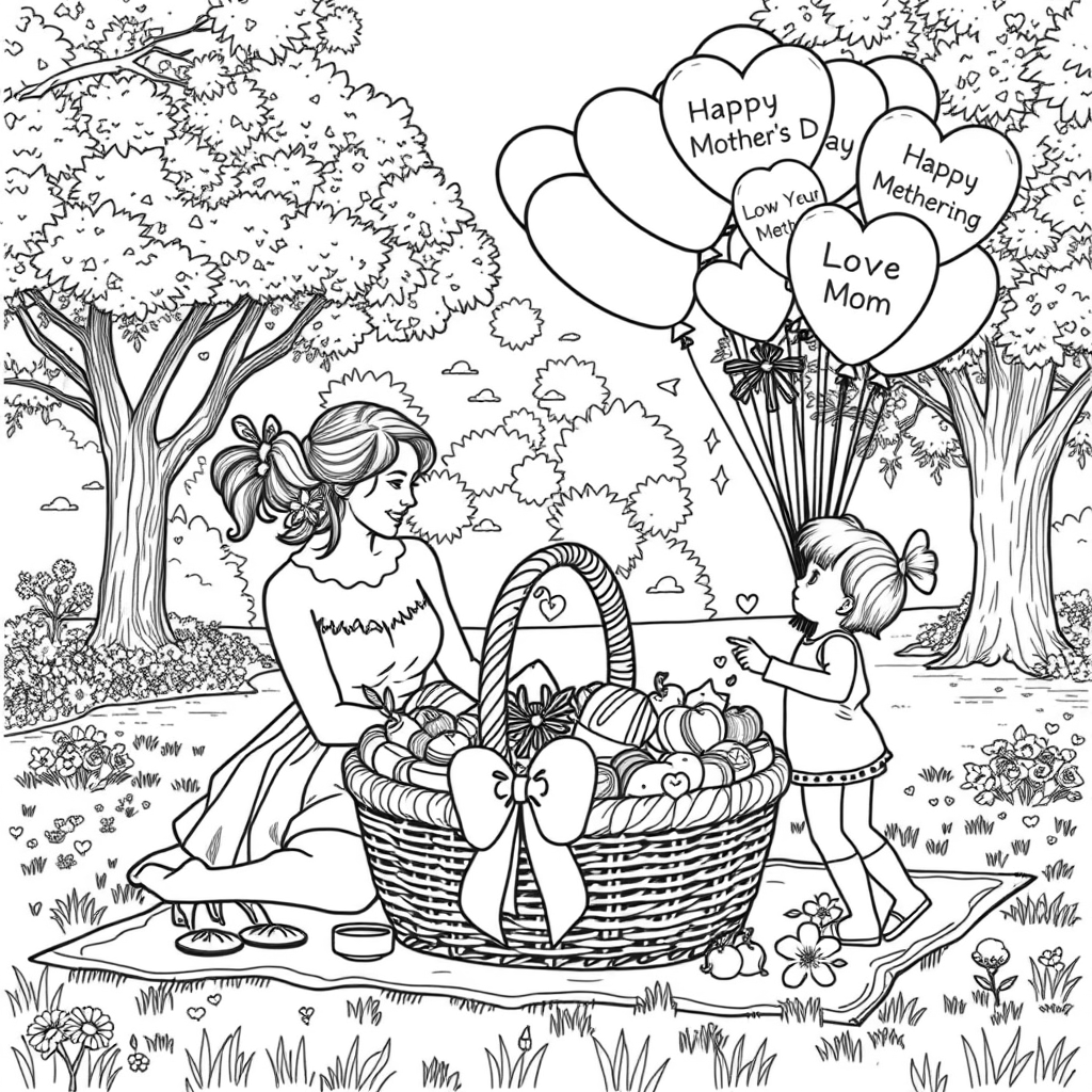 A mother and a young girl are enjoying a cozy picnic outdoors. The girl is holding a bunch of heart-shaped balloons, expressing her love to her mother.