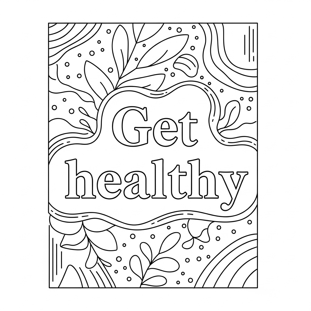 A coloring page that says “get healthy.”