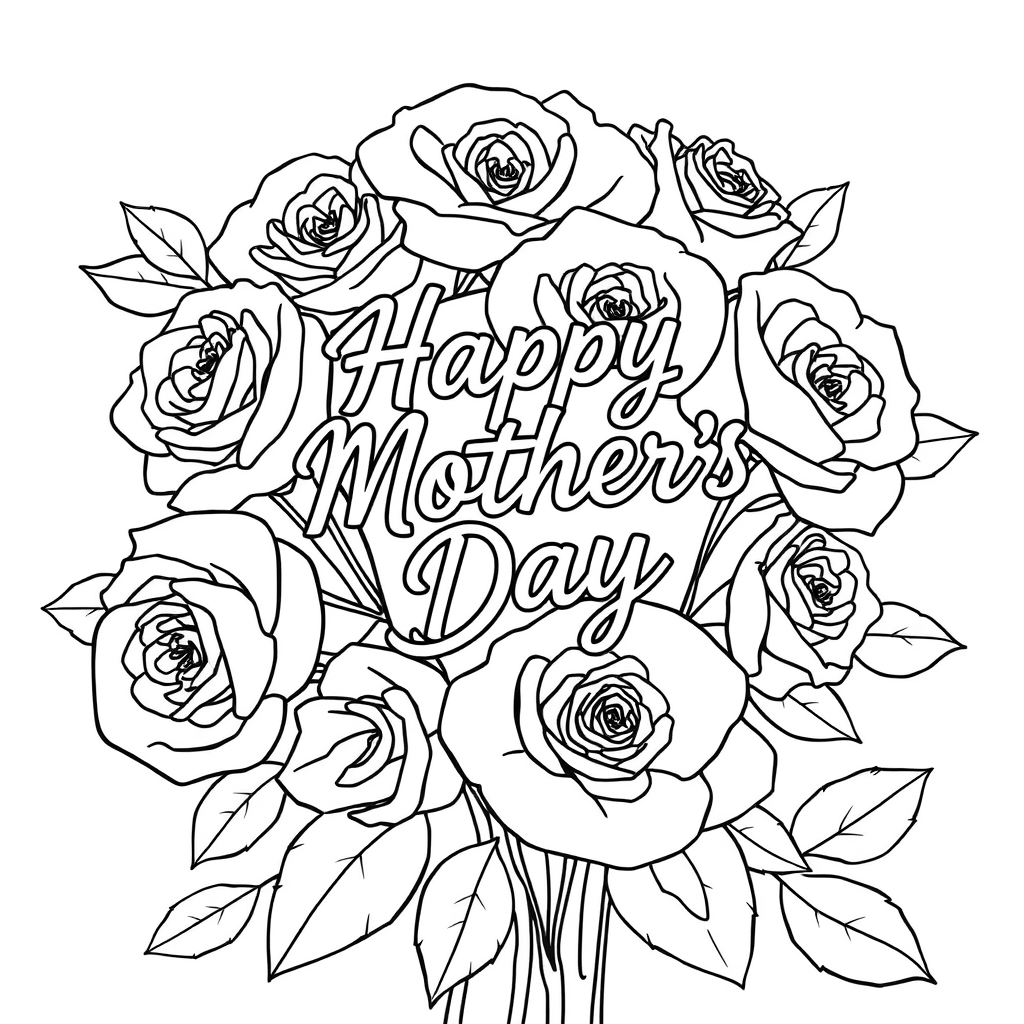 A Mother's Day coloring page with 'Happy Mother's Day' handwritten in the center of a flower