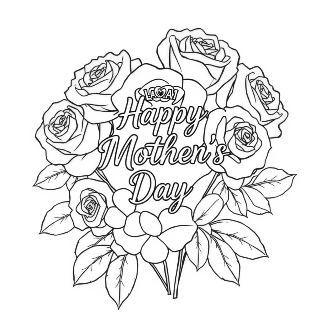 A Mother's Day coloring page wraps around the art word 'Happy Mother's Day'