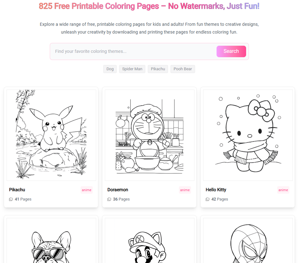 Screenshot of the website for free multi-themed coloring pages