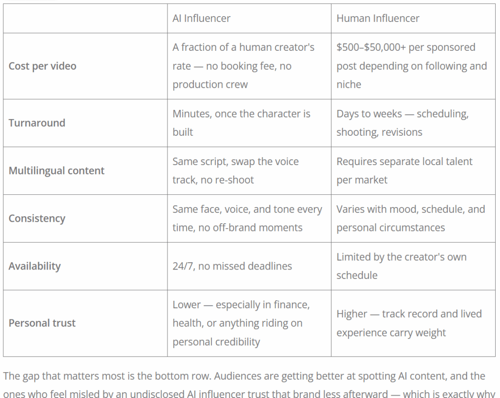 AI Influencer vs. Human Influencer Comparison table