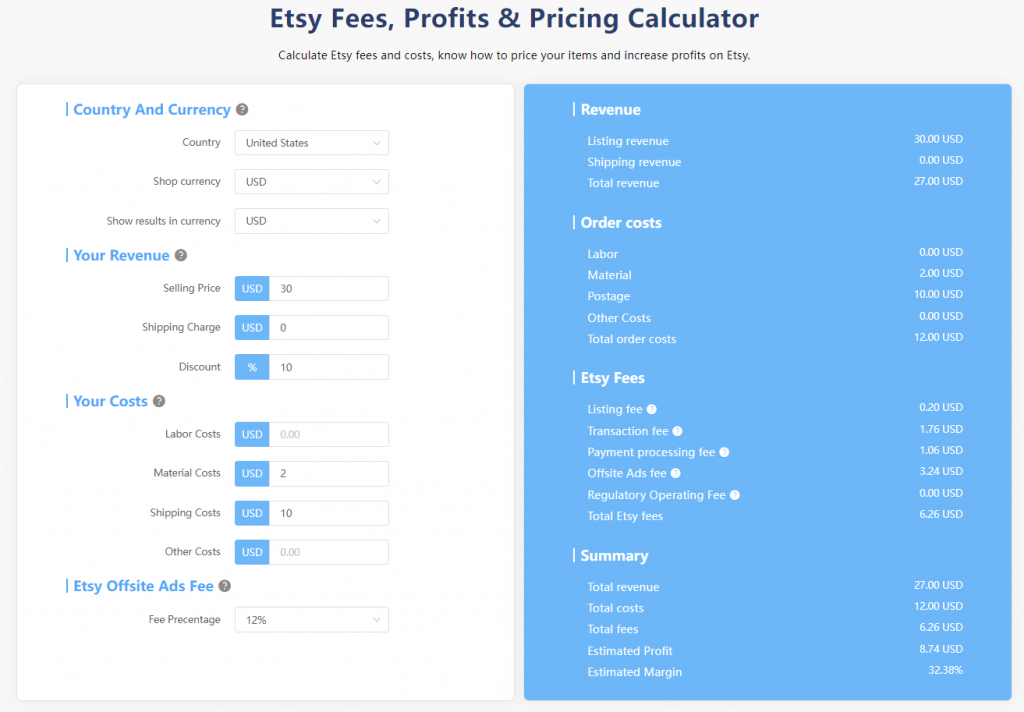 Etsy Fees, Profits & Pricing Calculator