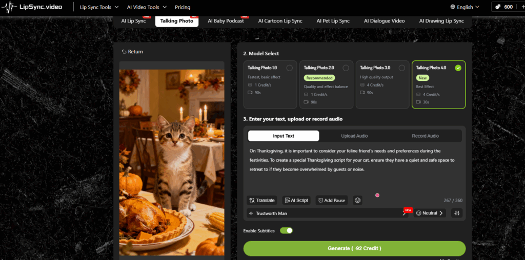 make a thanksgiving video using lipsync.video