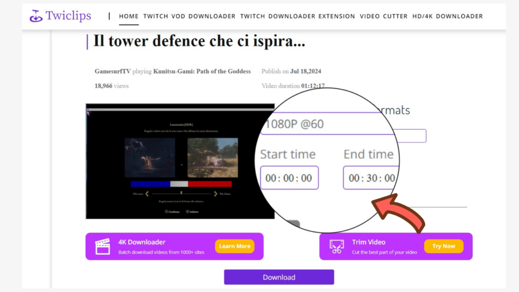 choose resolution and time period in twitch vod download extension