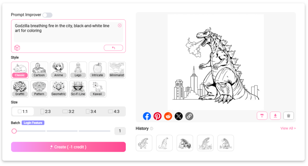 Screenshot of the Text-to-coloring-page functional area