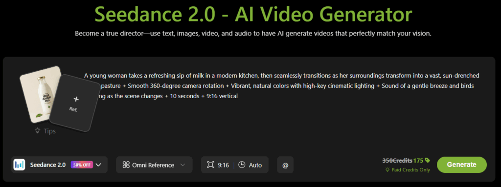 Enter the prompt in the Seedance 2.0 dashboard