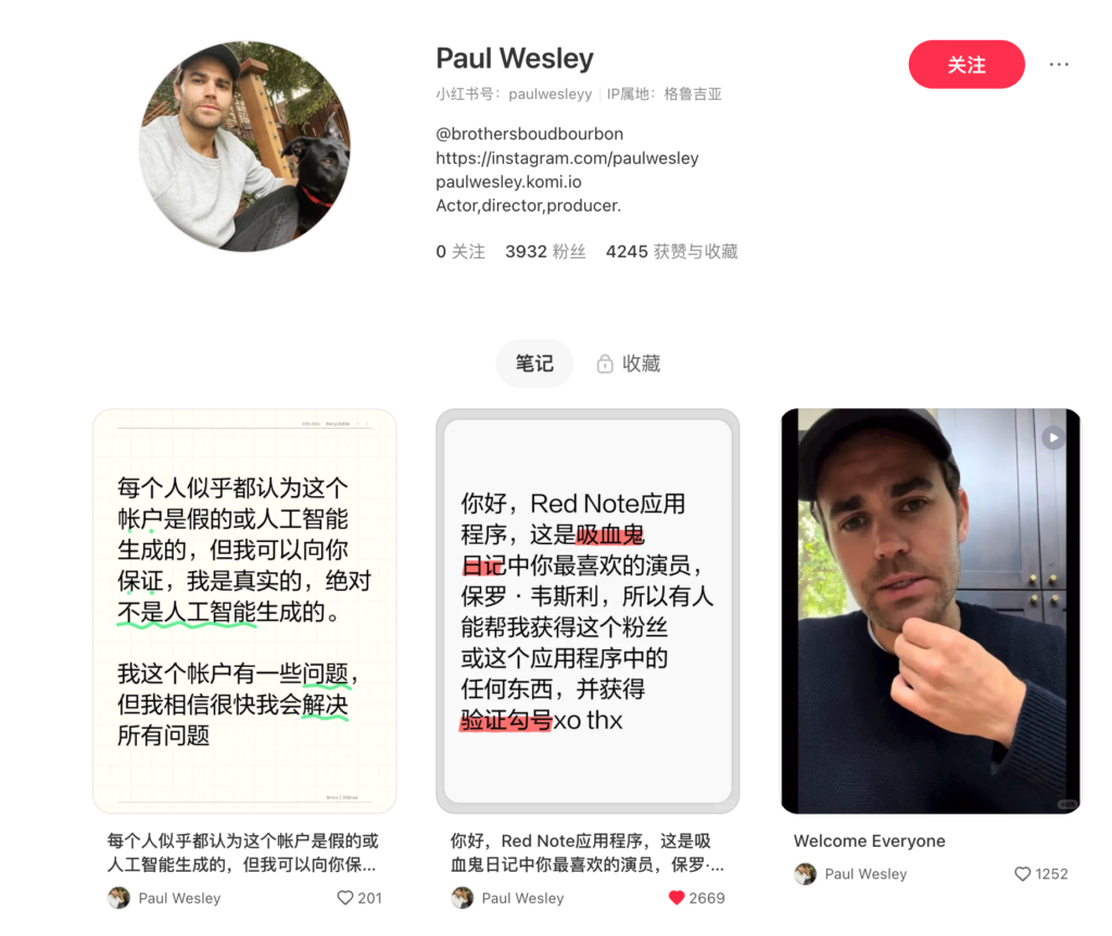 Paul, the star of The Vampire Diaries, posted his other social media links on Xiaohongshu - EasyComment