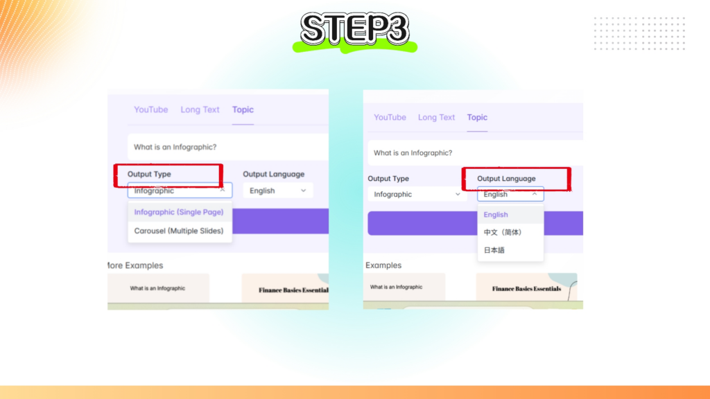 Choose your preferred format—Output Type and Language