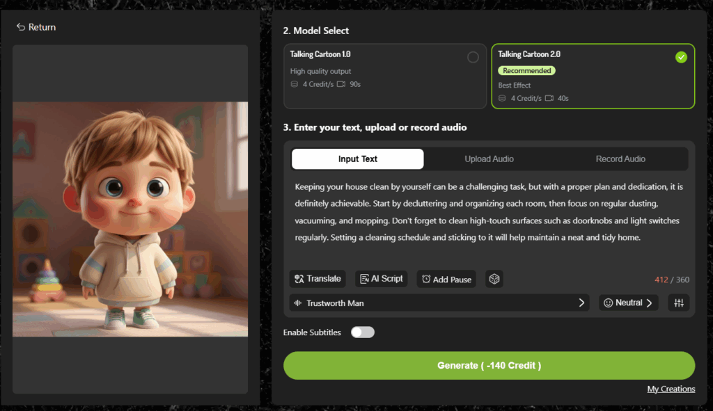 how to generate a talking cartoon video