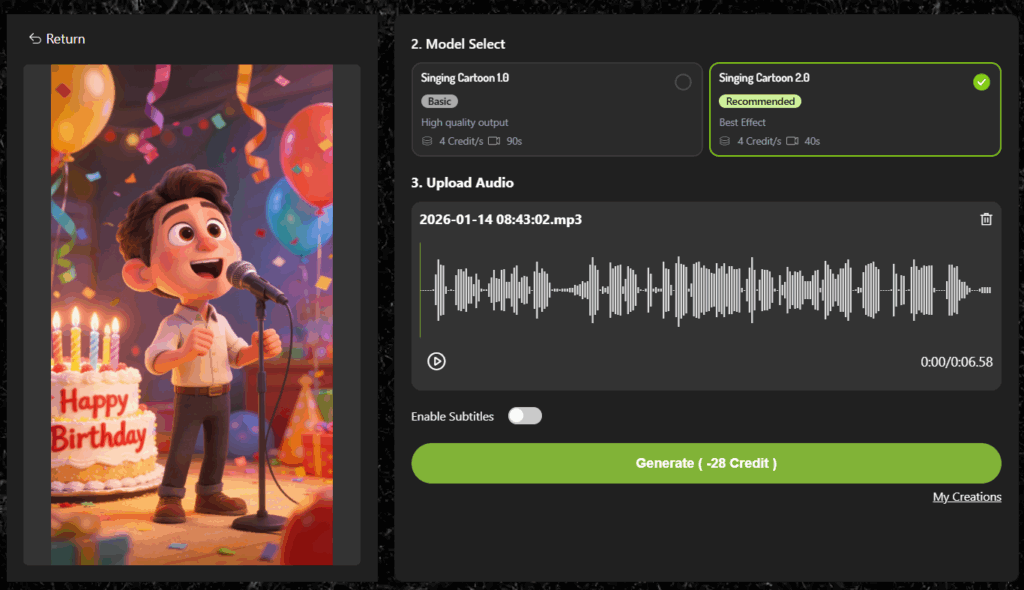 how to generate a singing cartoon video