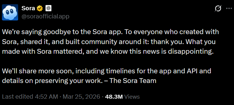 Sora has announced that it is closing its app.