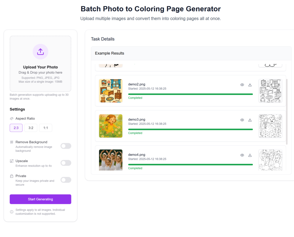 Batch photo to coloring page generator