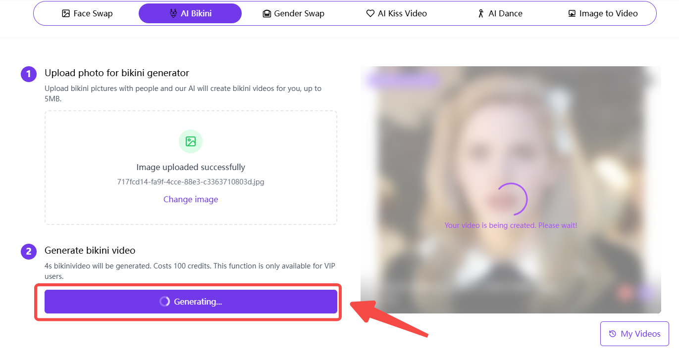 Click "Generate" to Create Bikini Video