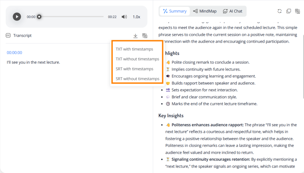 Edit and Export the Transcript (TXT, SRT, DOCX)