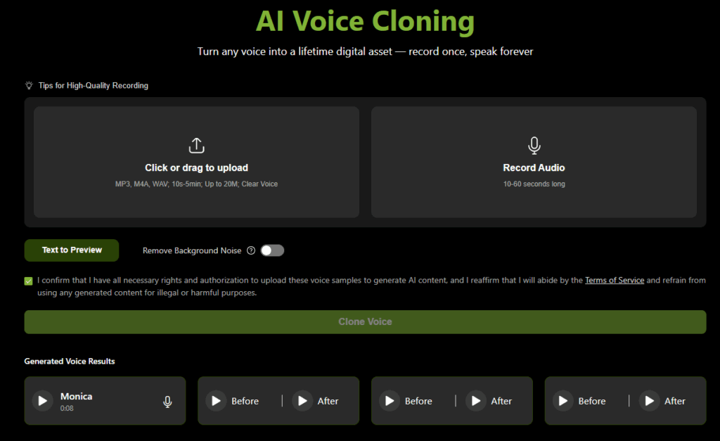 Steps for using the AI Voice Cloning