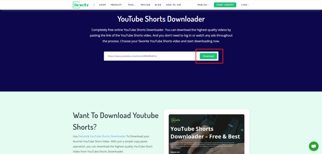 Using Denote to Download YouTube Shorts Video