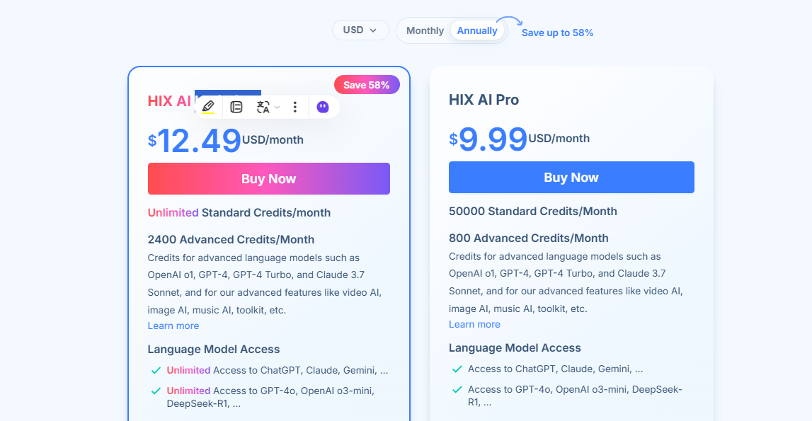Most Popular Payment Plan for HIX.AI