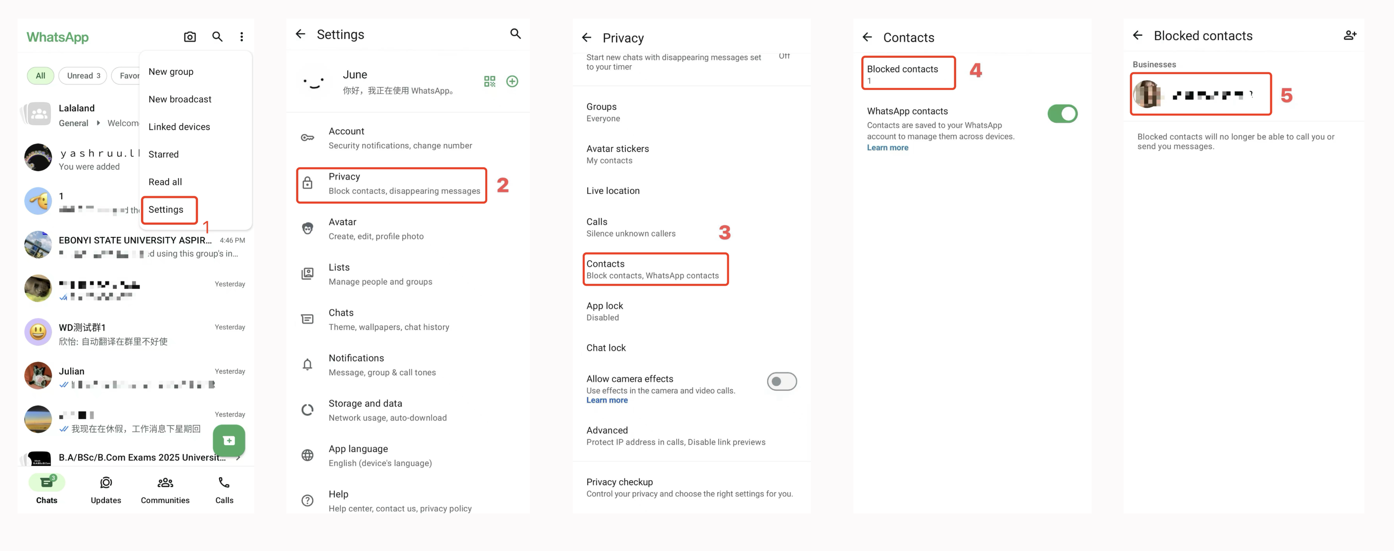 Android specific actions to unblock someone in WhatsApp