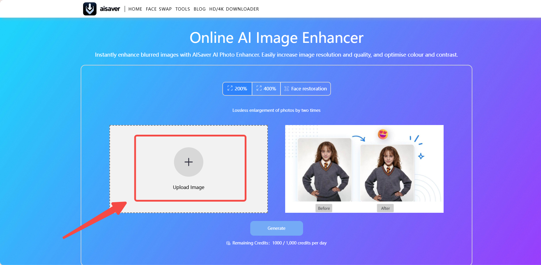 Upload image to enhance on AISaver