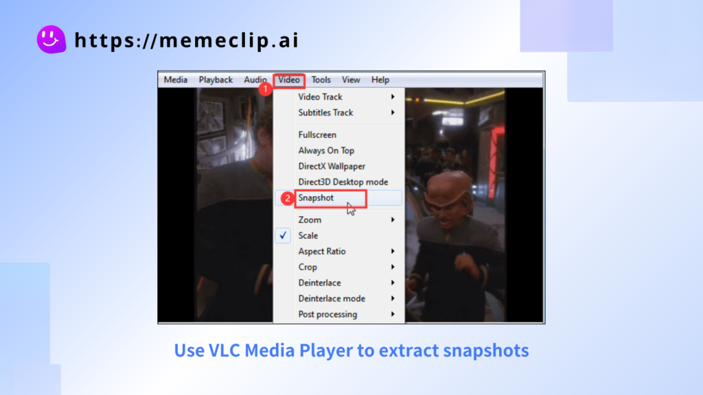 VLC Take Snapshot menu and resulting image thumbnail