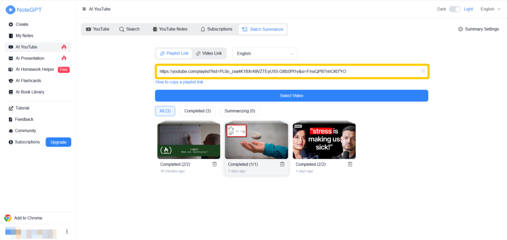 Paste the Link into NoteGPT’s Batch Summarize