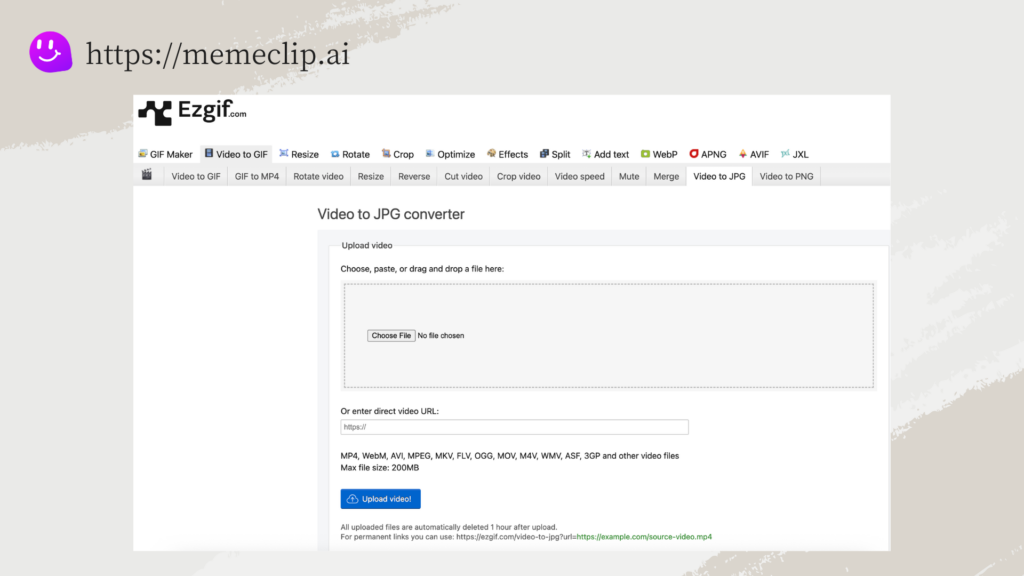 Interface of Exgif's Video to JPG converter
