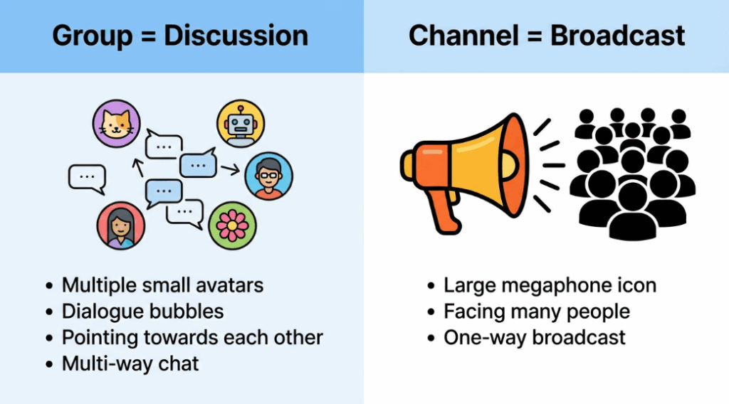 Telegram group versus Telegram channel showing multi-way chat versus one-way broadcast