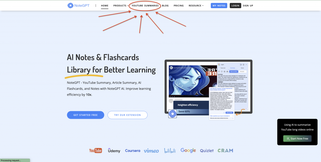 Simply click on 'YouTube Summaries' on the homepage to access the video library.-NoteGPT